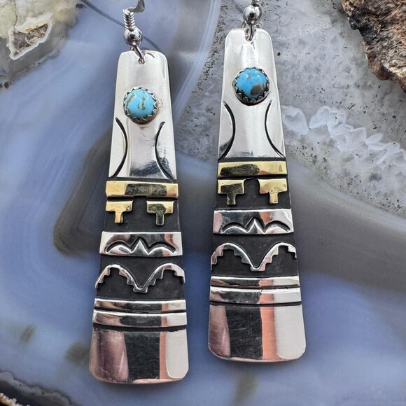Tommy & Rosita Singer Sterling & Gold Filled Turquoise Elongated Dangle Earrings - Picture 6 of 10
